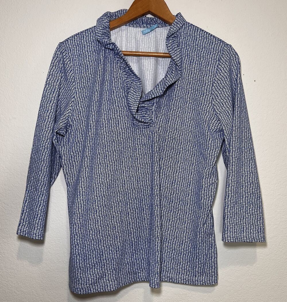 J. McLaughlin Durham Top Size XL Blue White Catalina Cloth Ruffle Collar Blouse